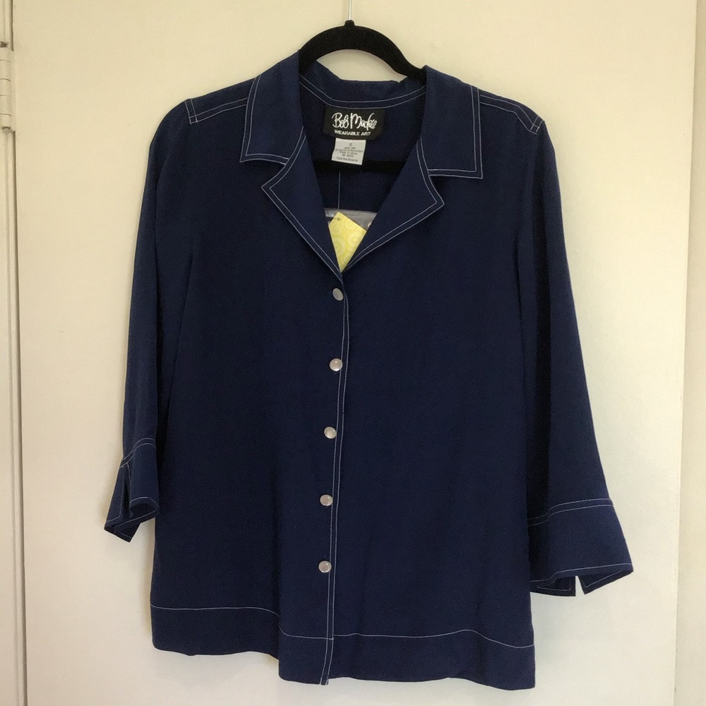 Button Front Blue Blouse w Scarf Bob Mackie